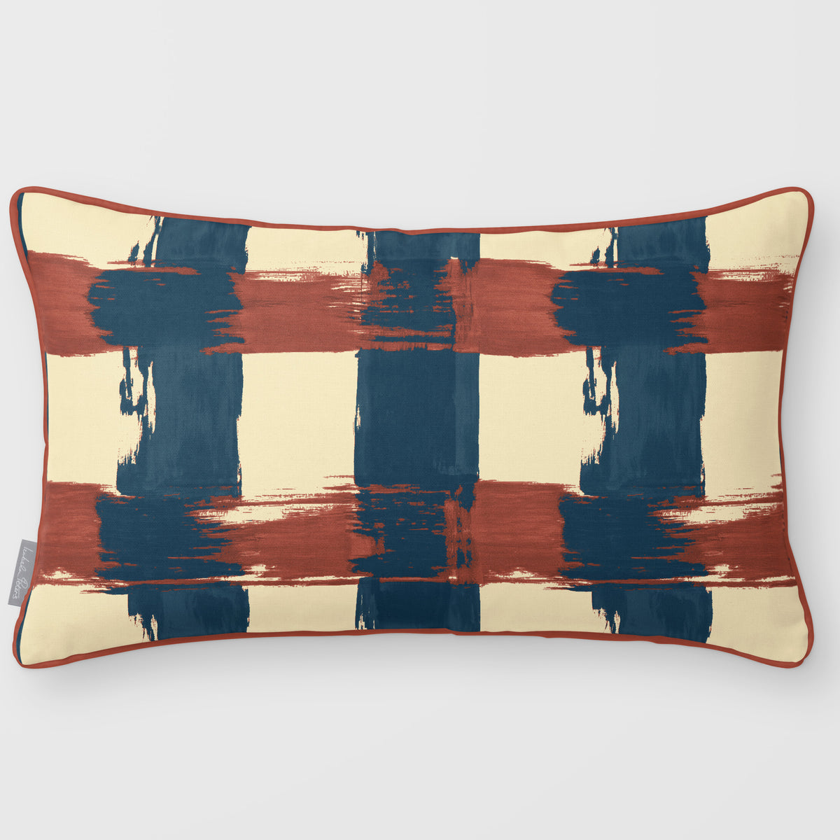 Broad Check Teal & Persimmon linen-look 50 × 30 cm rectangular cushion, piped, front view.