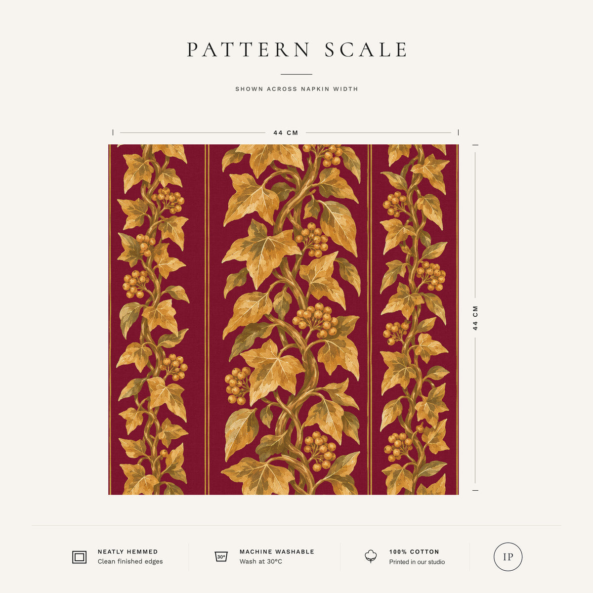 Burgundy and gold Gilded Ivy Christmas napkin pattern scale, showing the full 44 cm by 44 cm design.