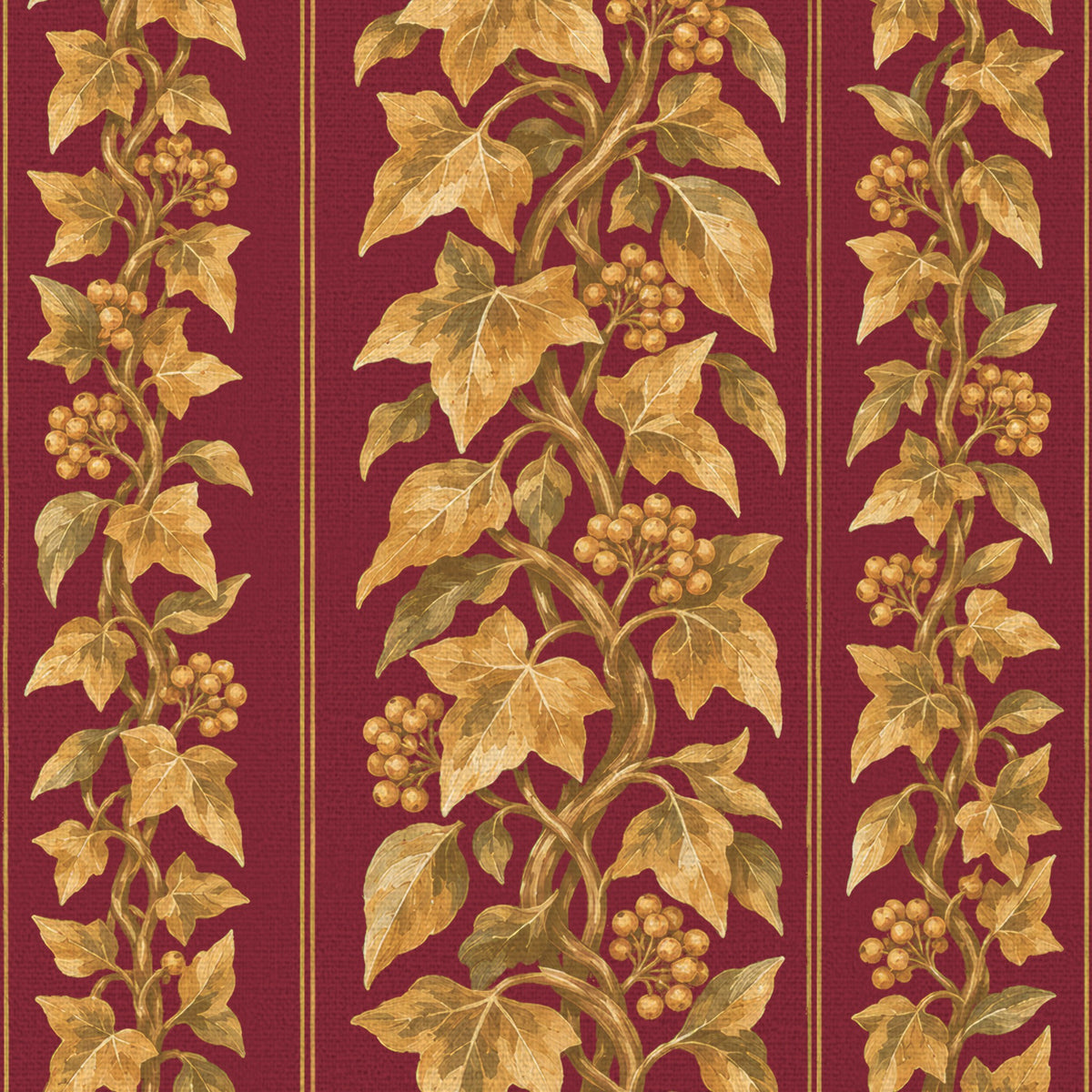 Close-up of the Gilded Ivy Christmas napkin print in burgundy and gold on cotton, showing trails of gold ivy and berries