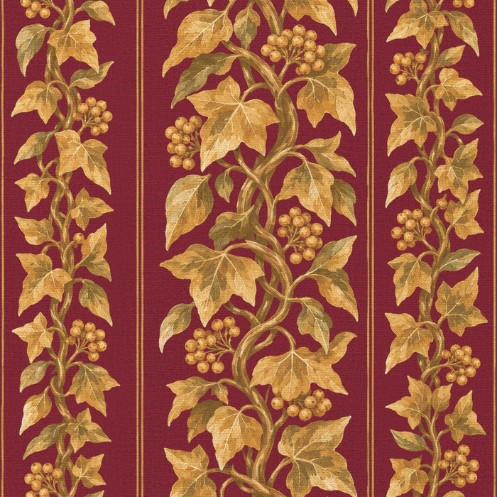 Close-up of the Gilded Ivy table runner print in burgundy and gold on cotton, showing trails of gold ivy and berries