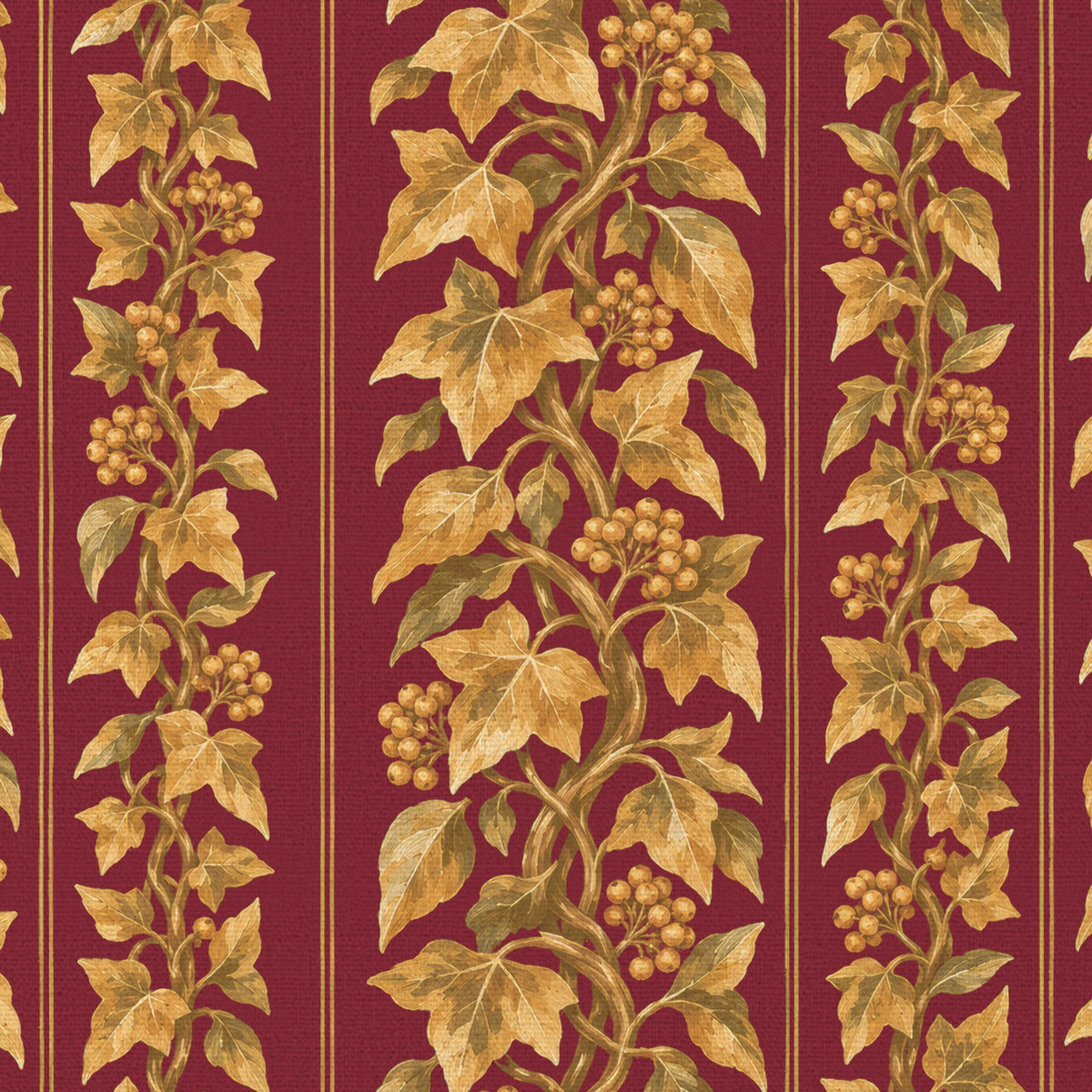 Close-up of the Gilded Ivy Christmas tablecloth print in burgundy and gold on cotton, showing trails of gold ivy and berries