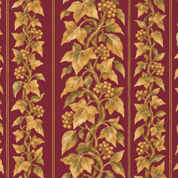 Close-up of the Gilded Ivy Christmas tablecloth print in burgundy and gold on cotton, showing trails of gold ivy and berries