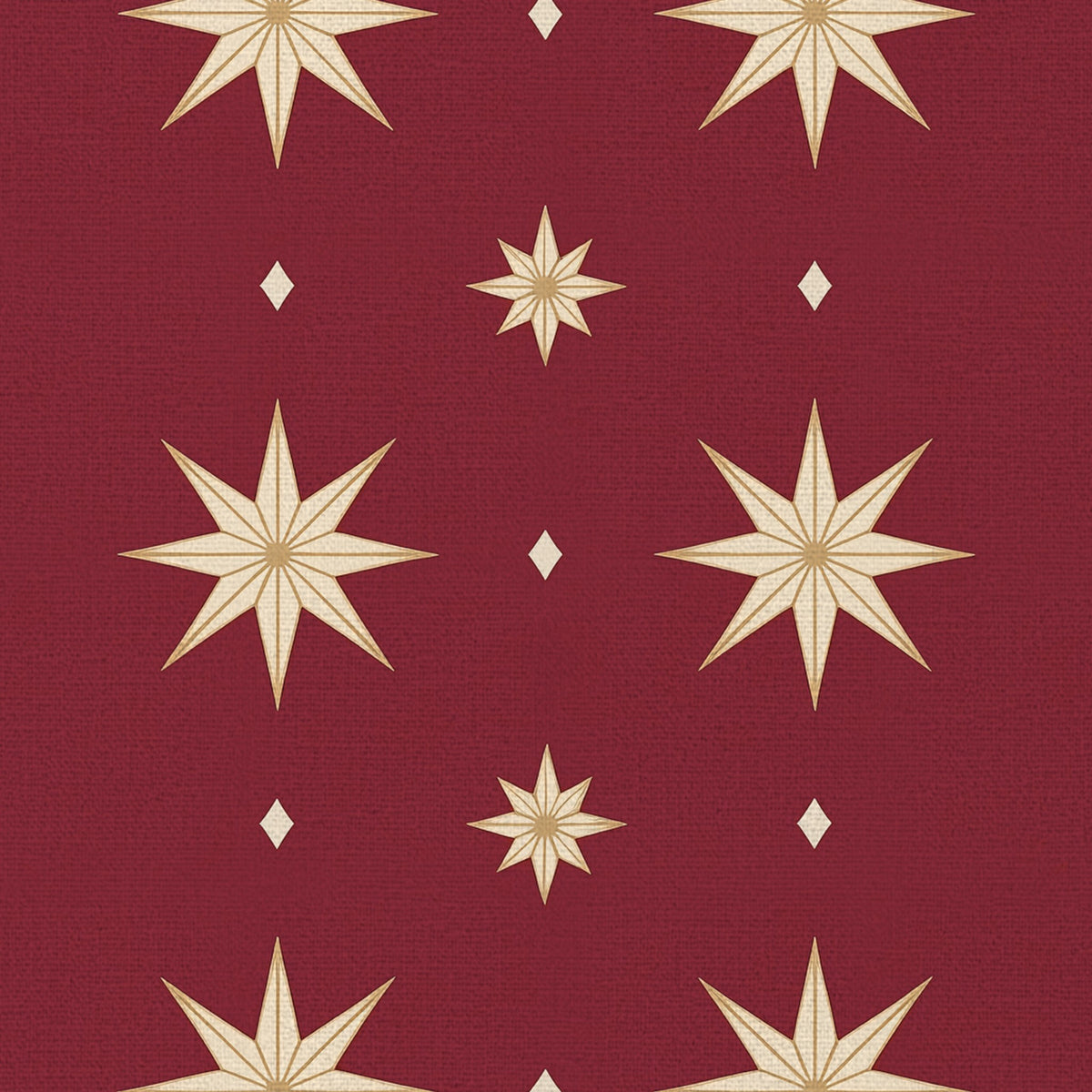 Close-up of the Stars Christmas table runner print in burgundy and gold on cotton, showing large gold eight-pointed stars