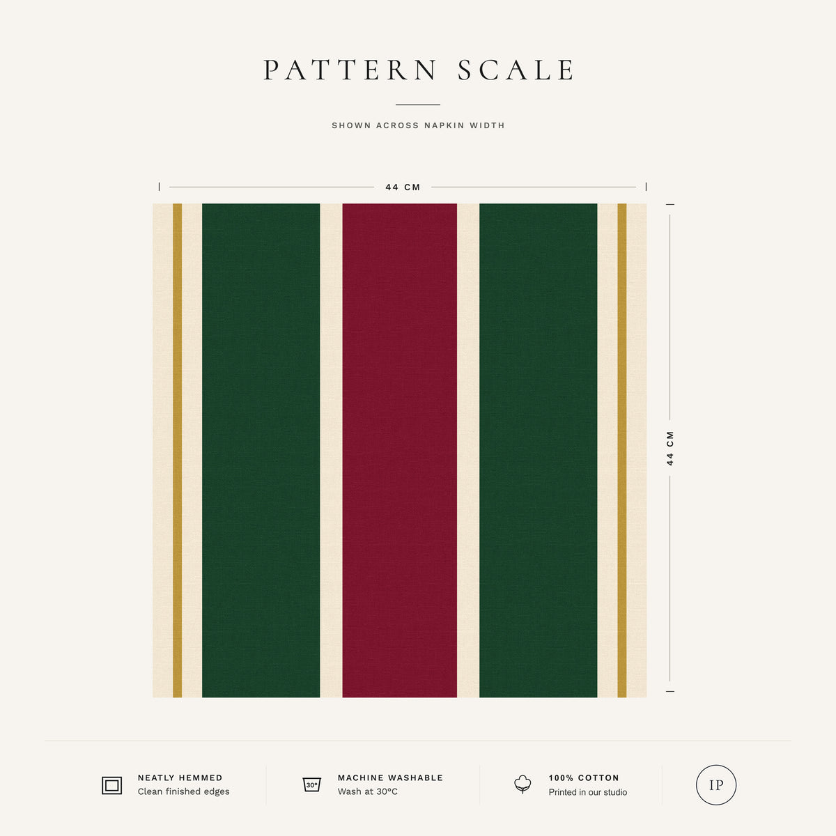 Burgundy, green and ivory Signature Stripe Christmas napkin pattern scale, showing the full 44 cm by 44 cm design.