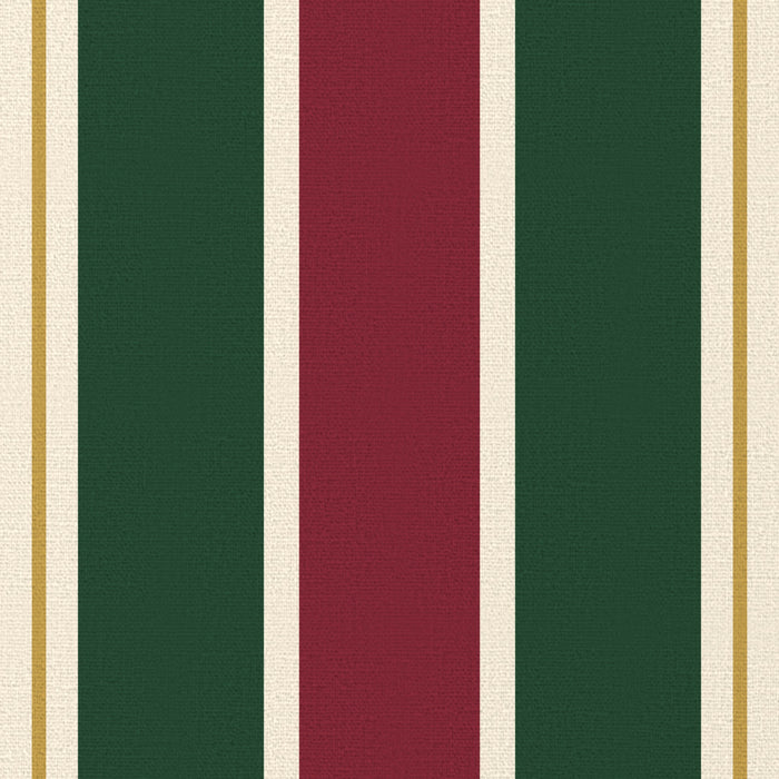 Close-up of the Signature Stripe Christmas napkin print in burgundy, green and ivory on cotton, showing broad stripes
