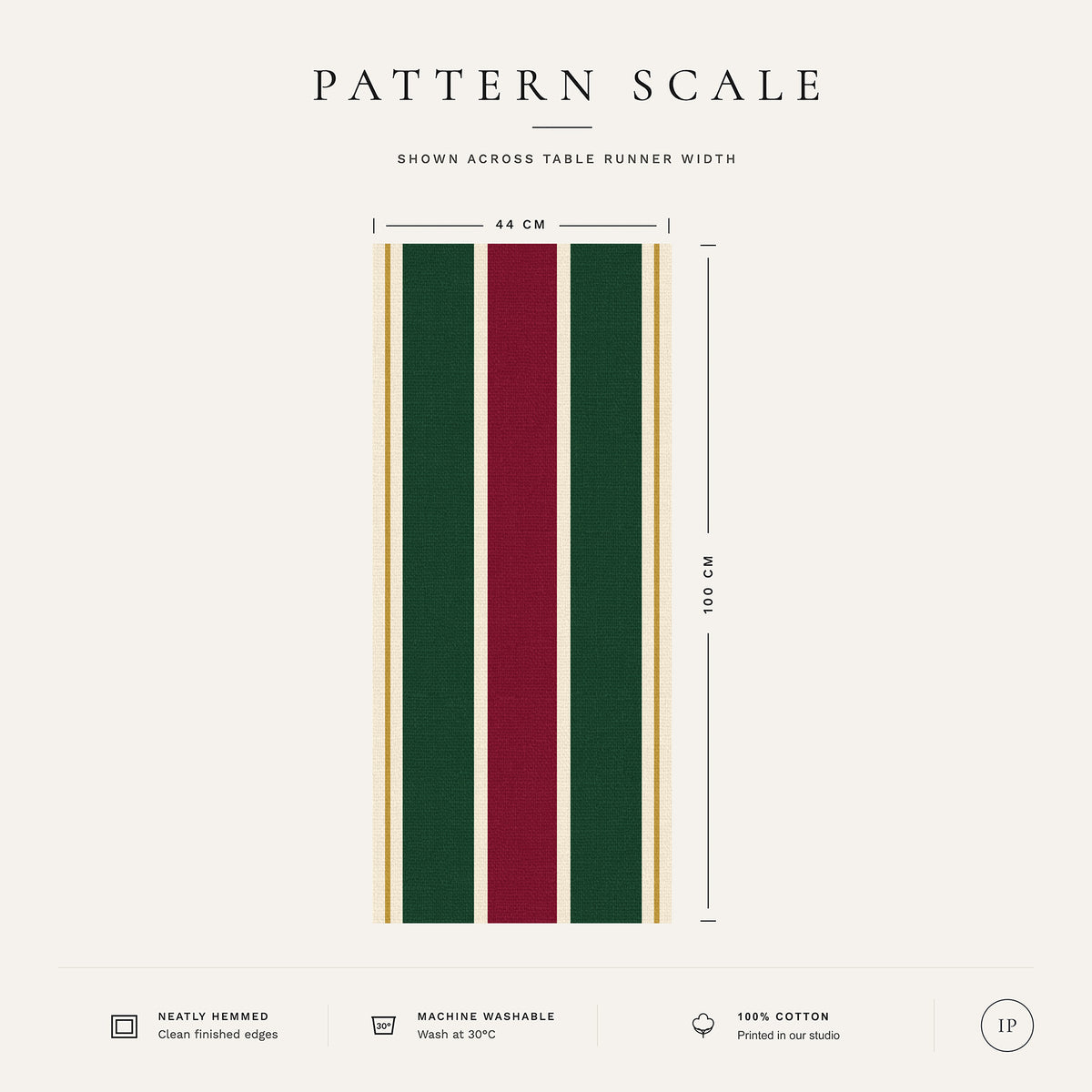 Pattern scale of the Signature Stripe table runner in burgundy, green and ivory across its 44 cm width, with care notes