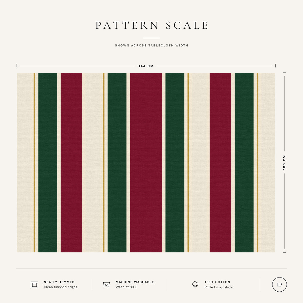 Pattern scale of the Signature Stripe tablecloth in burgundy, green and ivory across its 144 cm width, with care notes