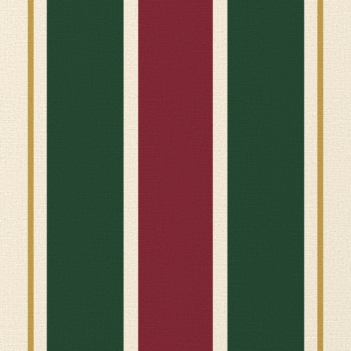 Close-up of the Signature Stripe Christmas tablecloth print in burgundy, green and ivory on cotton, showing broad stripes