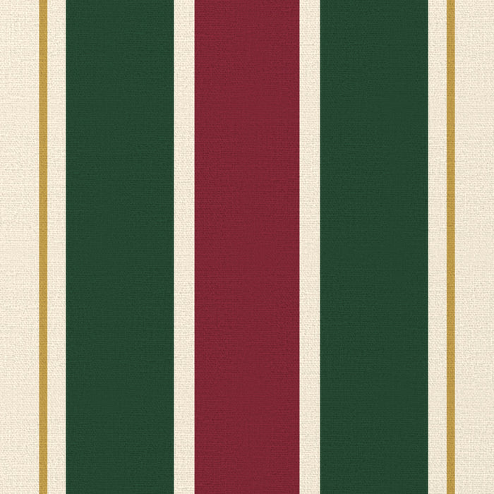 Close-up of the Signature Stripe Christmas tablecloth print in burgundy, green and ivory on cotton, showing broad stripes