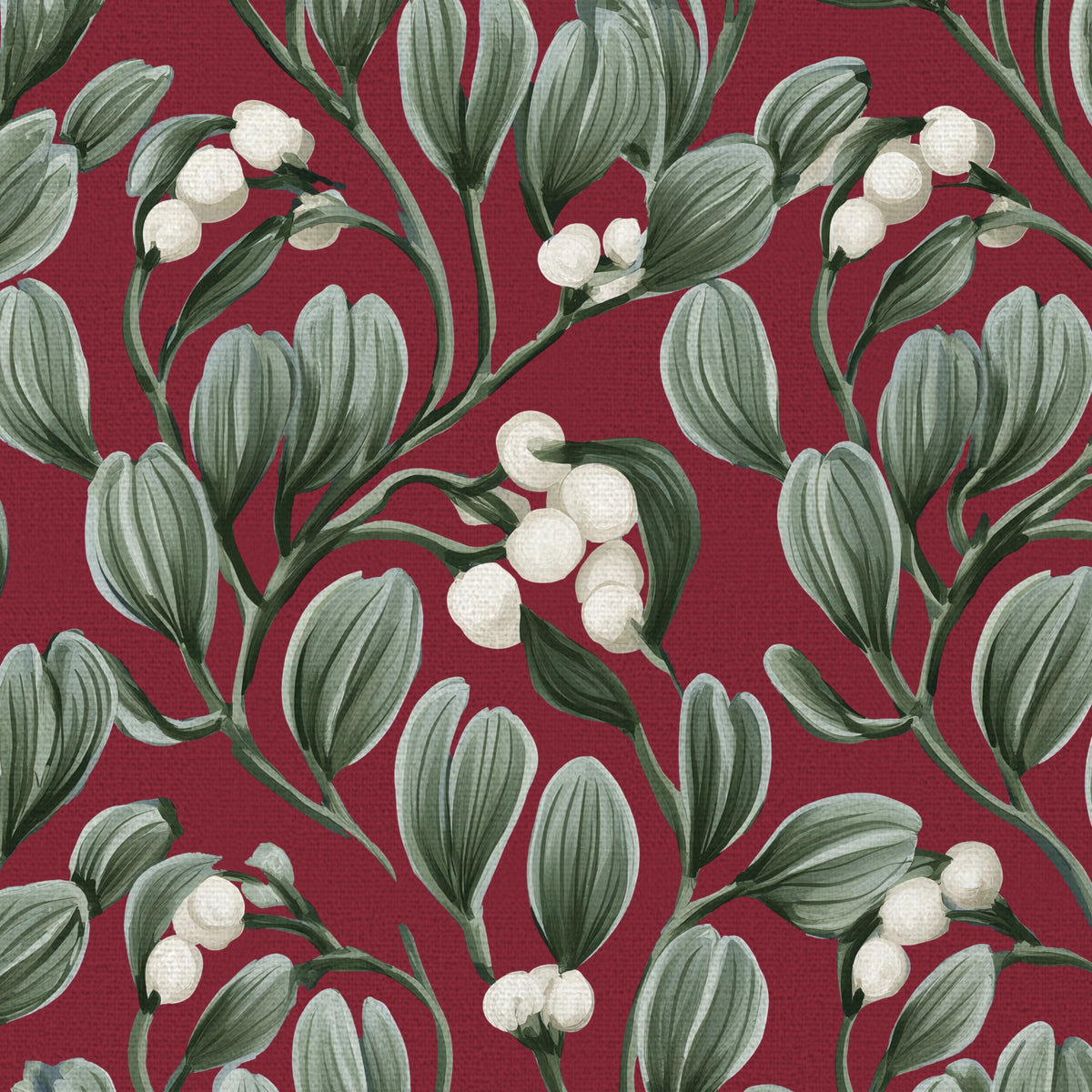 Close-up of the burgundy Mistletoe Christmas napkin print on cotton, showing sprigs of mistletoe with white berries
