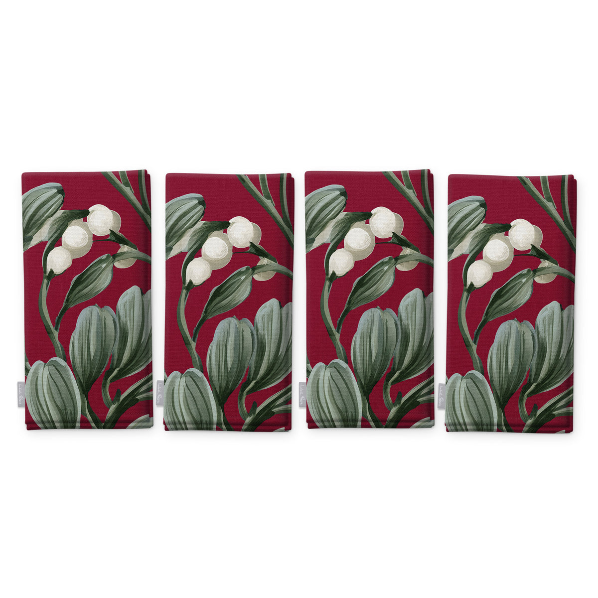 Burgundy Mistletoe Christmas napkins, set of four, folded on white, showing the same sprig of mistletoe with white berries