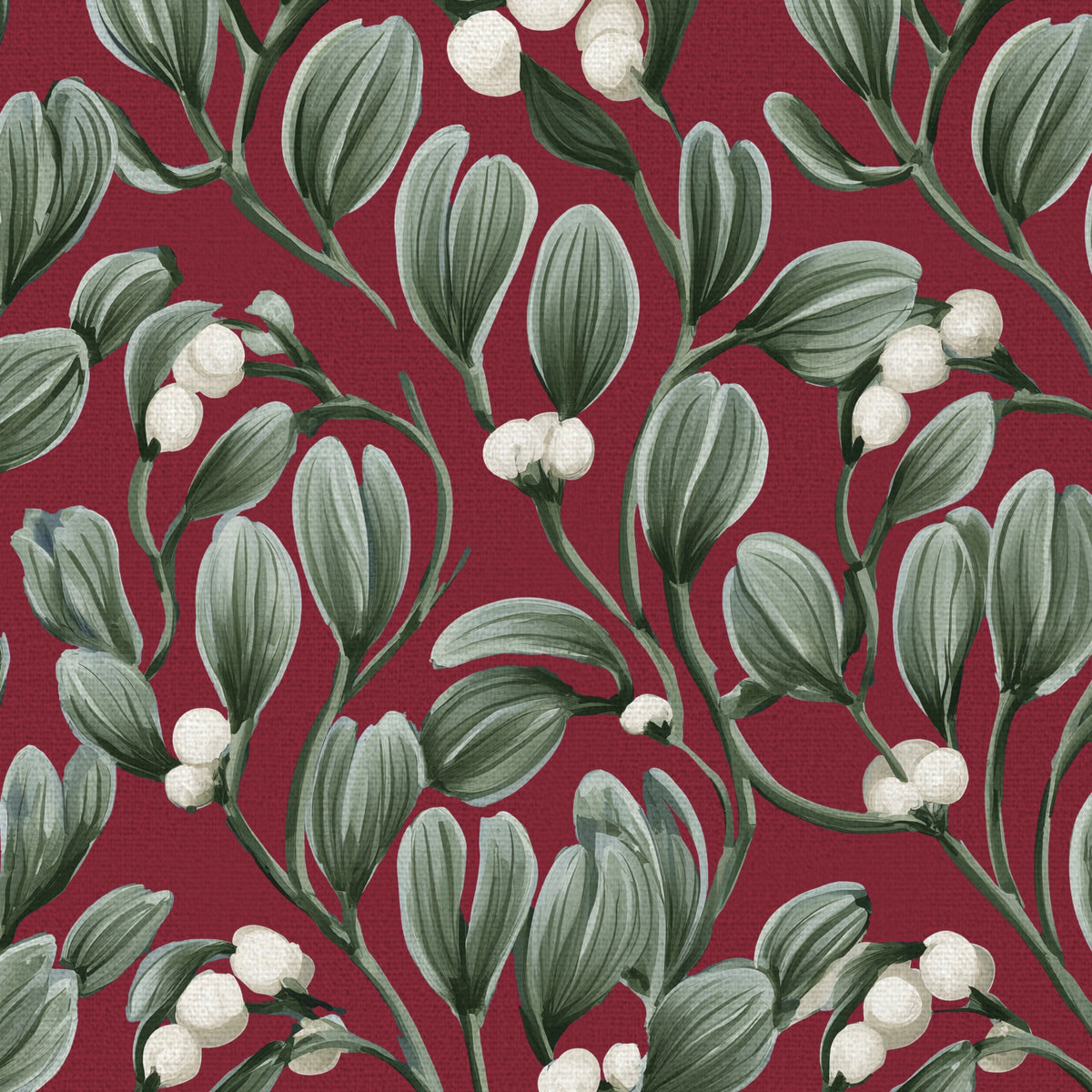 Close-up of the burgundy Mistletoe Christmas table runner print on cotton, showing sprigs of mistletoe with white berries