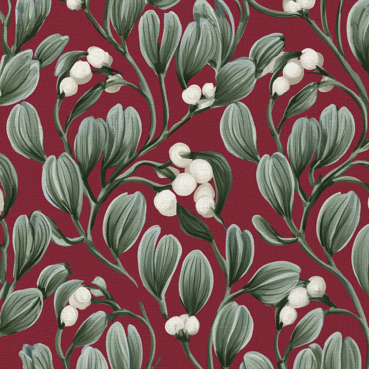 Close-up of the burgundy Mistletoe Christmas tablecloth print on cotton, showing sprigs of mistletoe with white berries