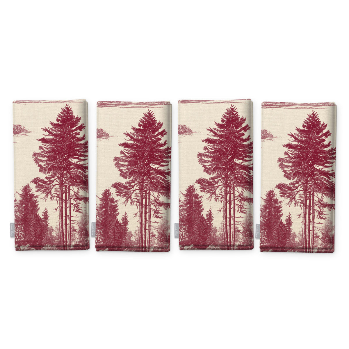 Fir Forest Toile Christmas napkins in burgundy on ivory, set of four folded napkins showing the same tall fir tree