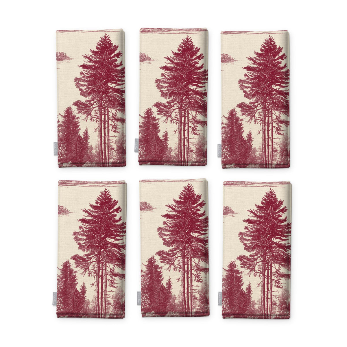 Fir Forest Toile Christmas napkins in burgundy on ivory, set of six folded napkins showing the same tall fir tree