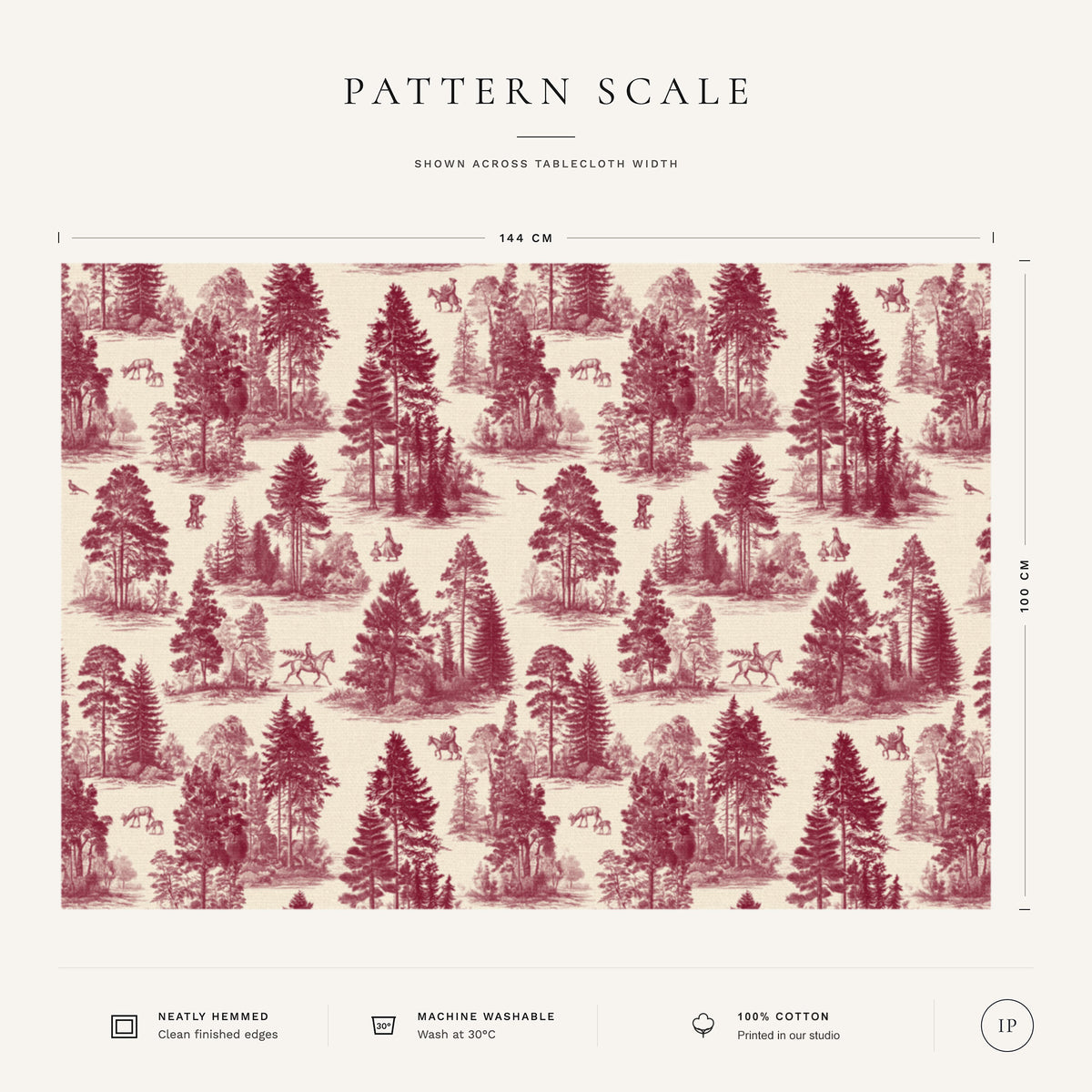 Pattern scale of the Fir Forest Toile Christmas tablecloth in burgundy on ivory across its 144 cm width, with care notes
