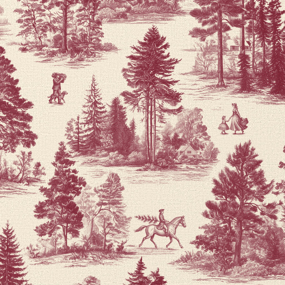 Close-up of the Fir Forest Toile Christmas tablecloth print in burgundy on ivory cotton, showing fir trees and a rider