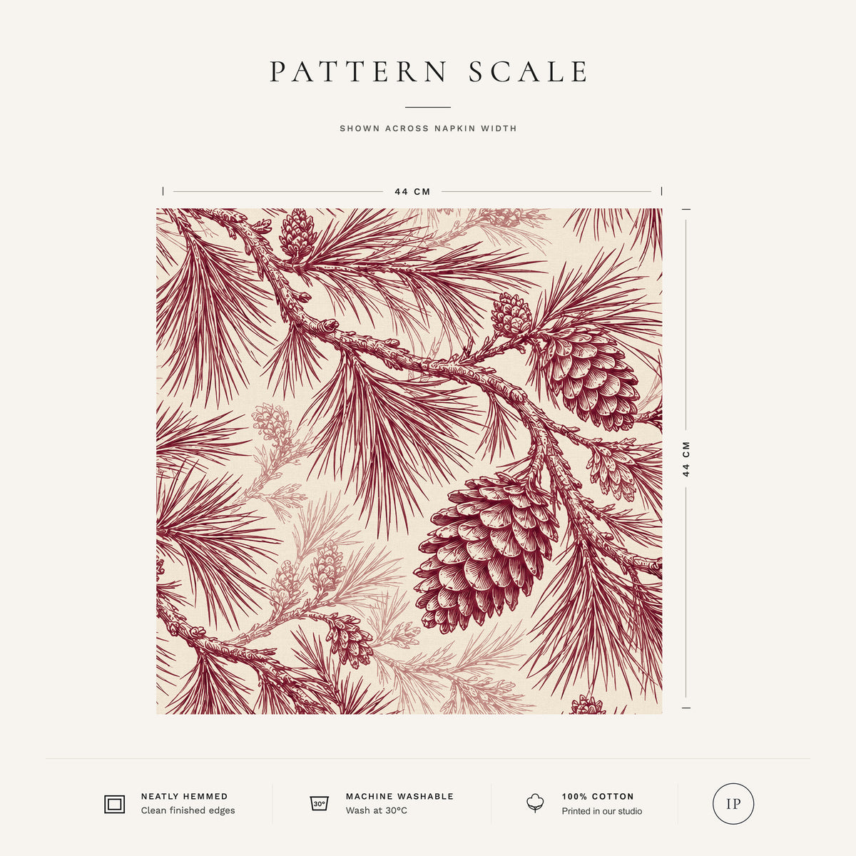 Burgundy on ivory Pine Bough Christmas napkin pattern scale, showing the full 44 cm by 44 cm design.