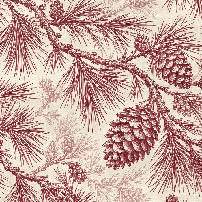 Close-up of the Pine Bough Christmas napkin print in burgundy on ivory cotton, showing pine boughs and cones