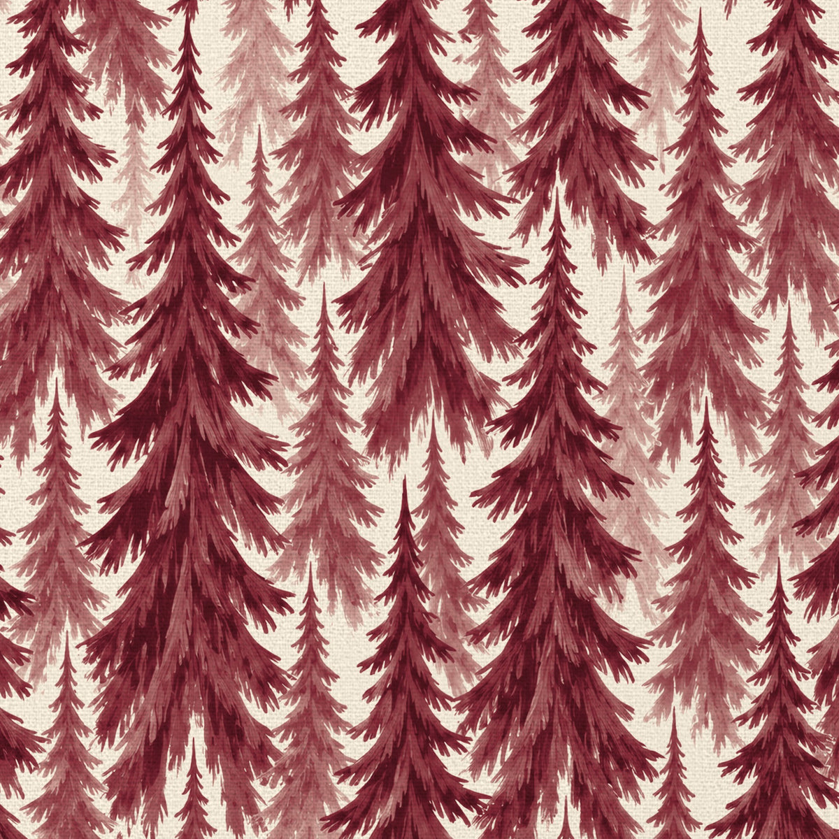 Close-up of the Spruce Stand Christmas tablecloth print in burgundy on ivory cotton, showing rows of spruce trees