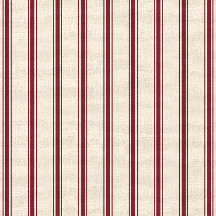 Close-up of the Ticking Stripe Christmas napkin print in burgundy on ivory cotton, showing fine ticking stripes