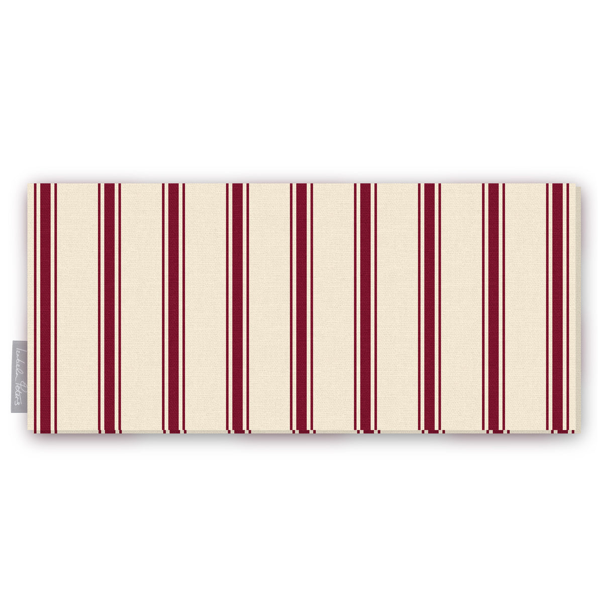 Ticking Stripe Christmas table runner in burgundy on ivory, folded on white, showing fine ticking stripes