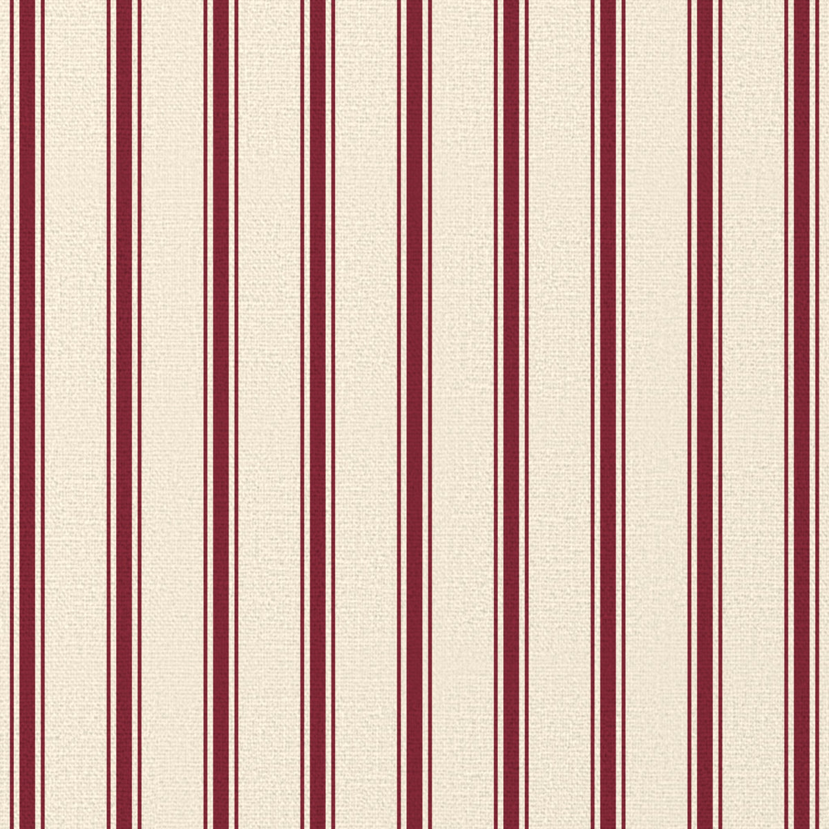 Close-up of the Ticking Stripe Christmas table runner print in burgundy on ivory cotton, showing fine ticking stripes