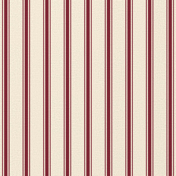 Close-up of the Ticking Stripe Christmas table runner print in burgundy on ivory cotton, showing fine ticking stripes