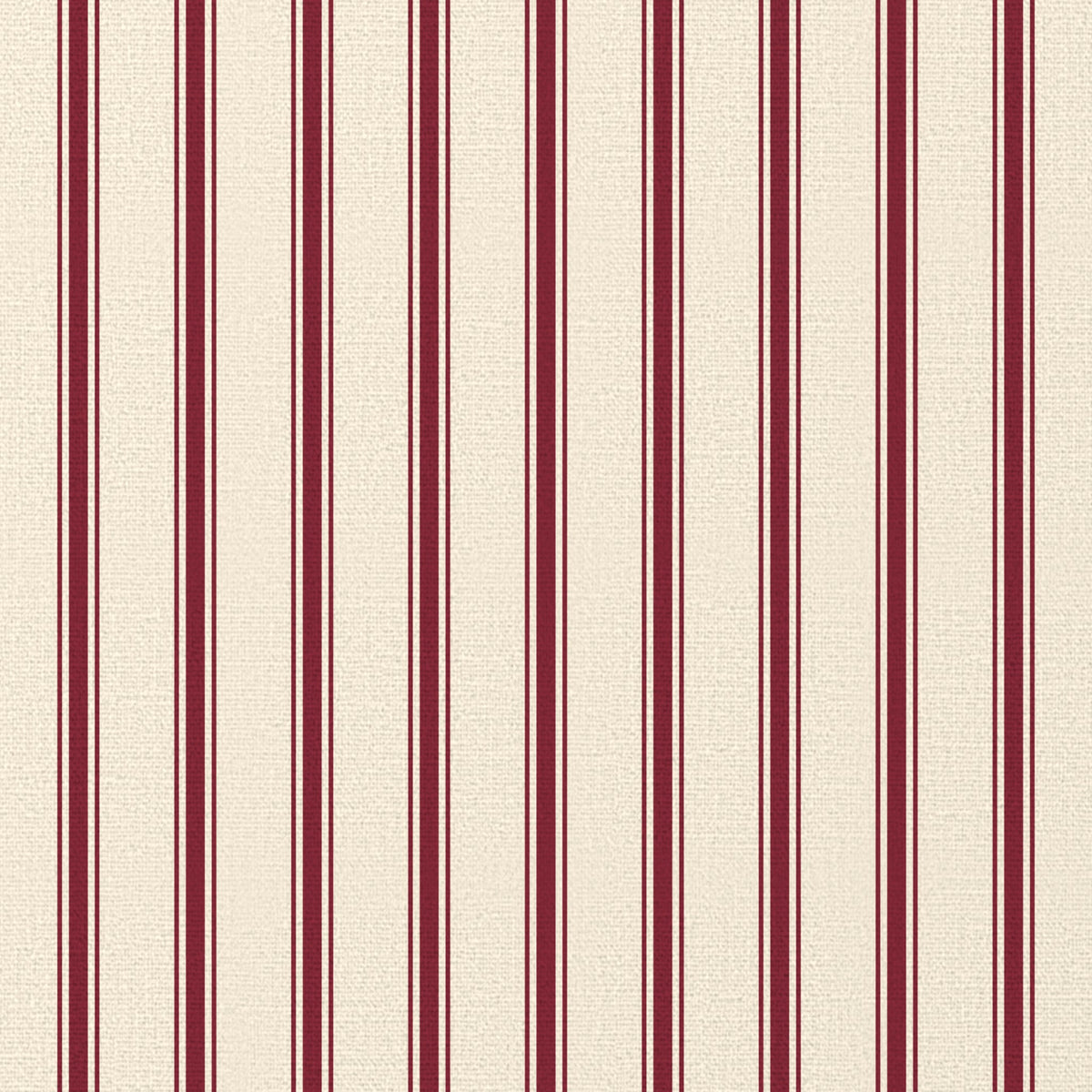 Close-up of the Ticking Stripe Christmas tablecloth print in burgundy on ivory cotton, showing fine ticking stripes