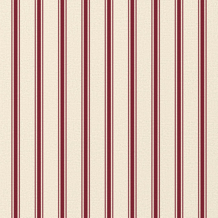 Close-up of the Ticking Stripe Christmas tablecloth print in burgundy on ivory cotton, showing fine ticking stripes