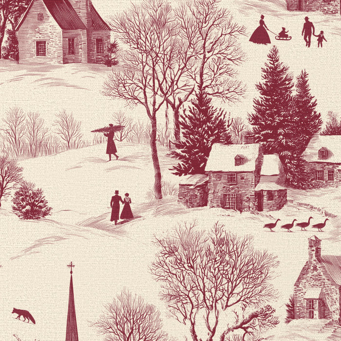 Close-up of the Village Toile Christmas napkin print in burgundy on ivory cotton, showing a snowy village