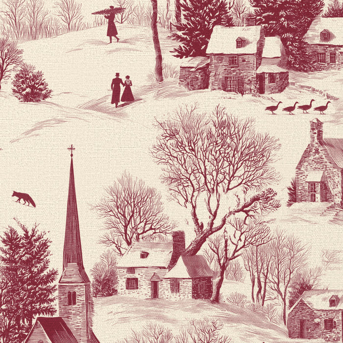 Close-up of the Village Toile Christmas table runner print in burgundy on ivory cotton, showing a snowy village