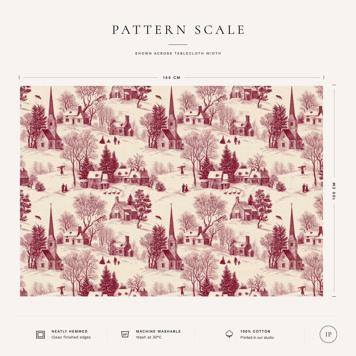 Pattern scale of the Village Toile Christmas tablecloth in burgundy on ivory across its 144 cm width, with care notes