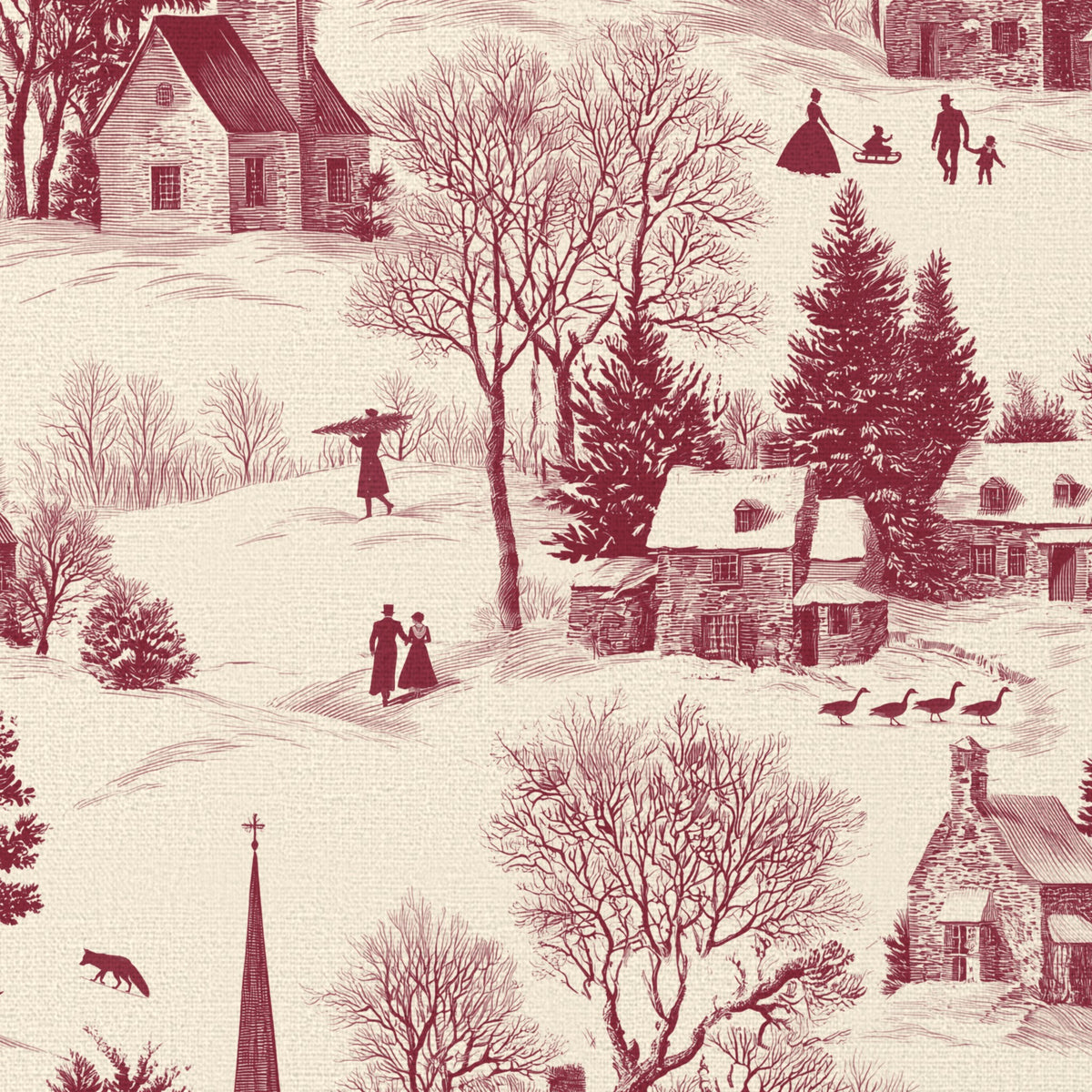 Close-up of the Village Toile Christmas tablecloth print in burgundy on ivory cotton, showing a snowy village
