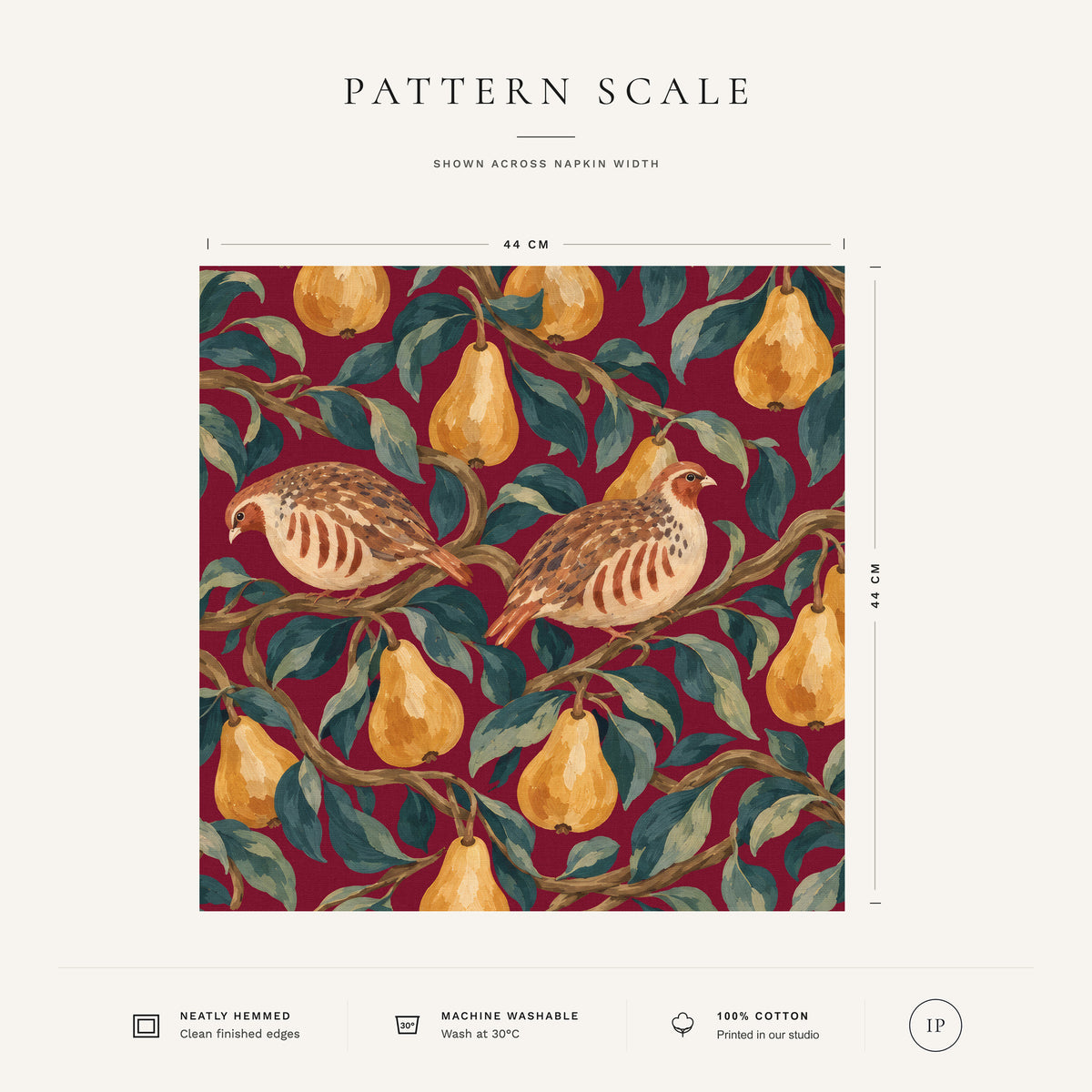 Burgundy Partridge and Pear Christmas napkin pattern scale, showing the full 44 cm by 44 cm design.