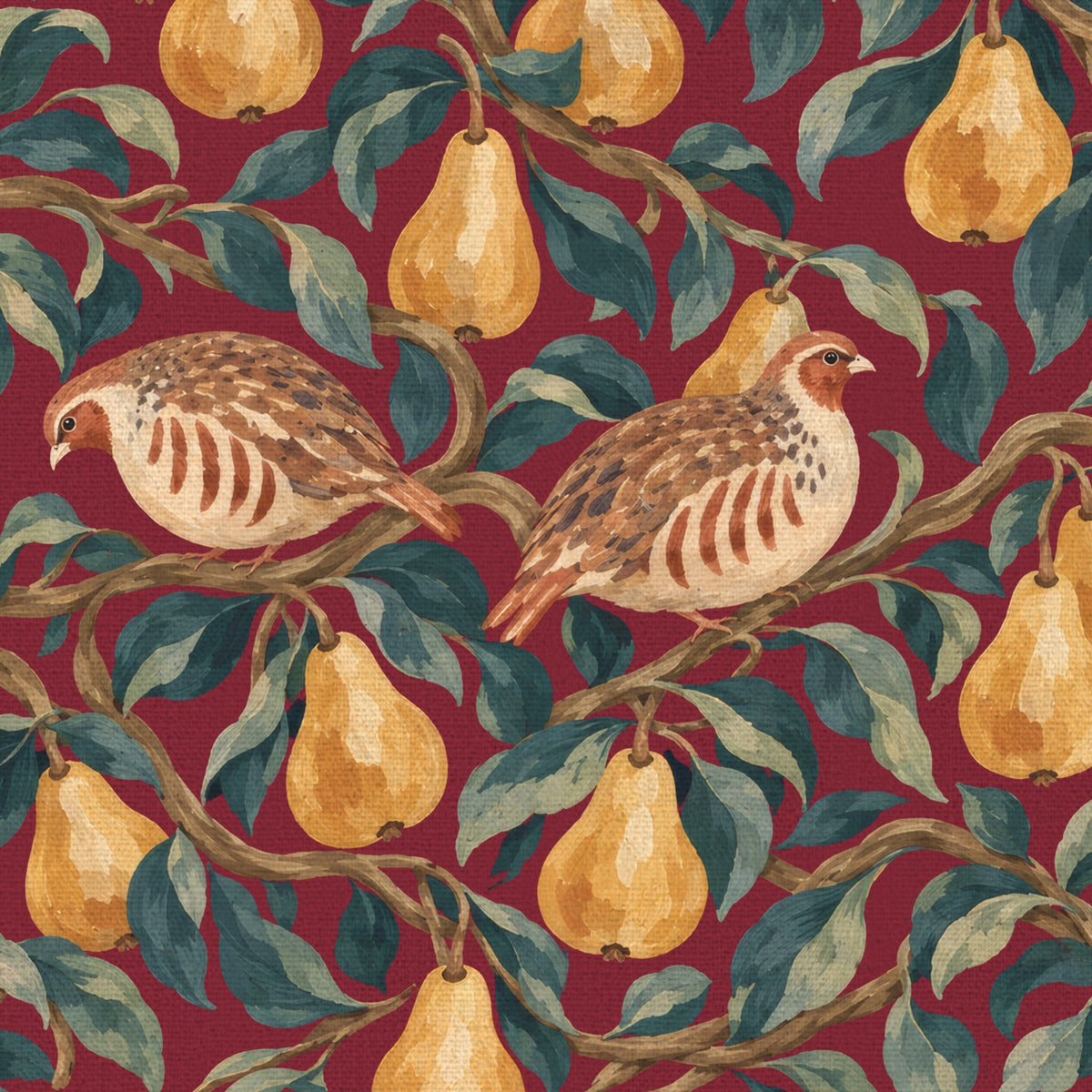Close-up of the burgundy Partridge and Pear Christmas napkin print on cotton, showing partridges among pears and leaves