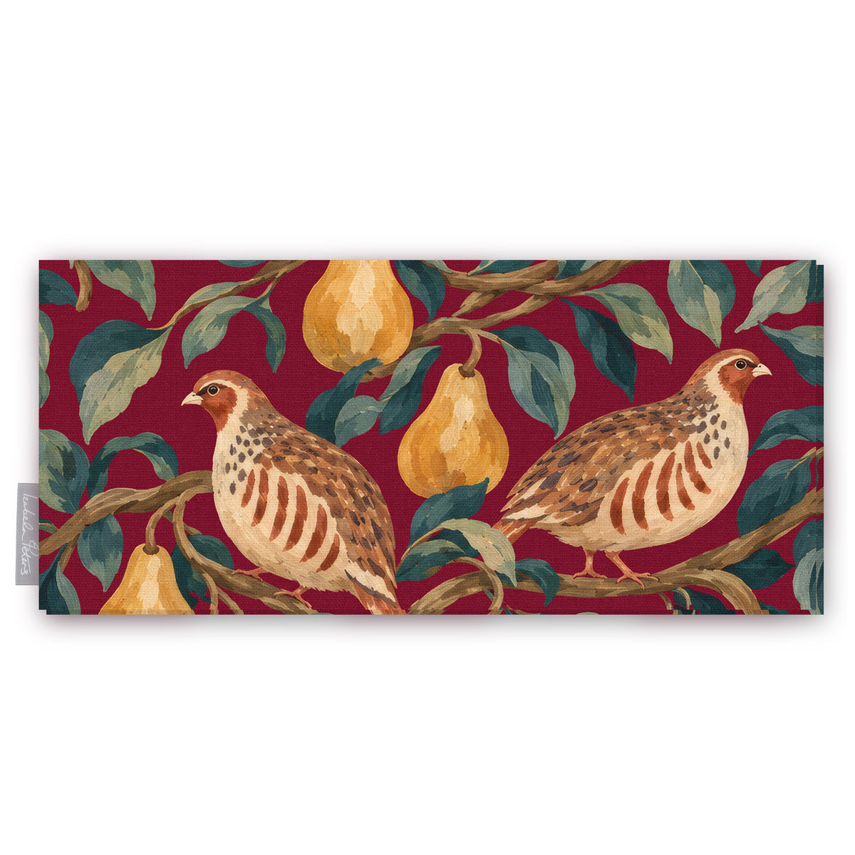 Burgundy Partridge and Pear Christmas table runner folded on white, showing a partridge among pears and leaves