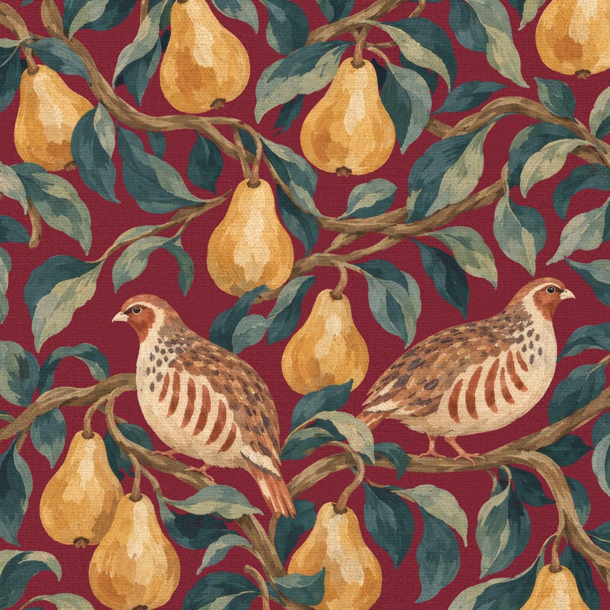 Close-up of the burgundy Partridge and Pear table runner print on cotton, showing a partridge among pears and leaves