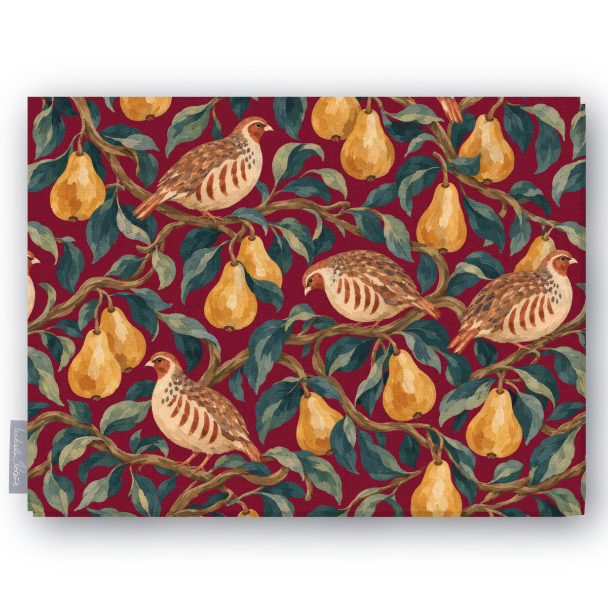 Burgundy Partridge and Pear Christmas tablecloth folded on white, showing partridges among pears and leaves