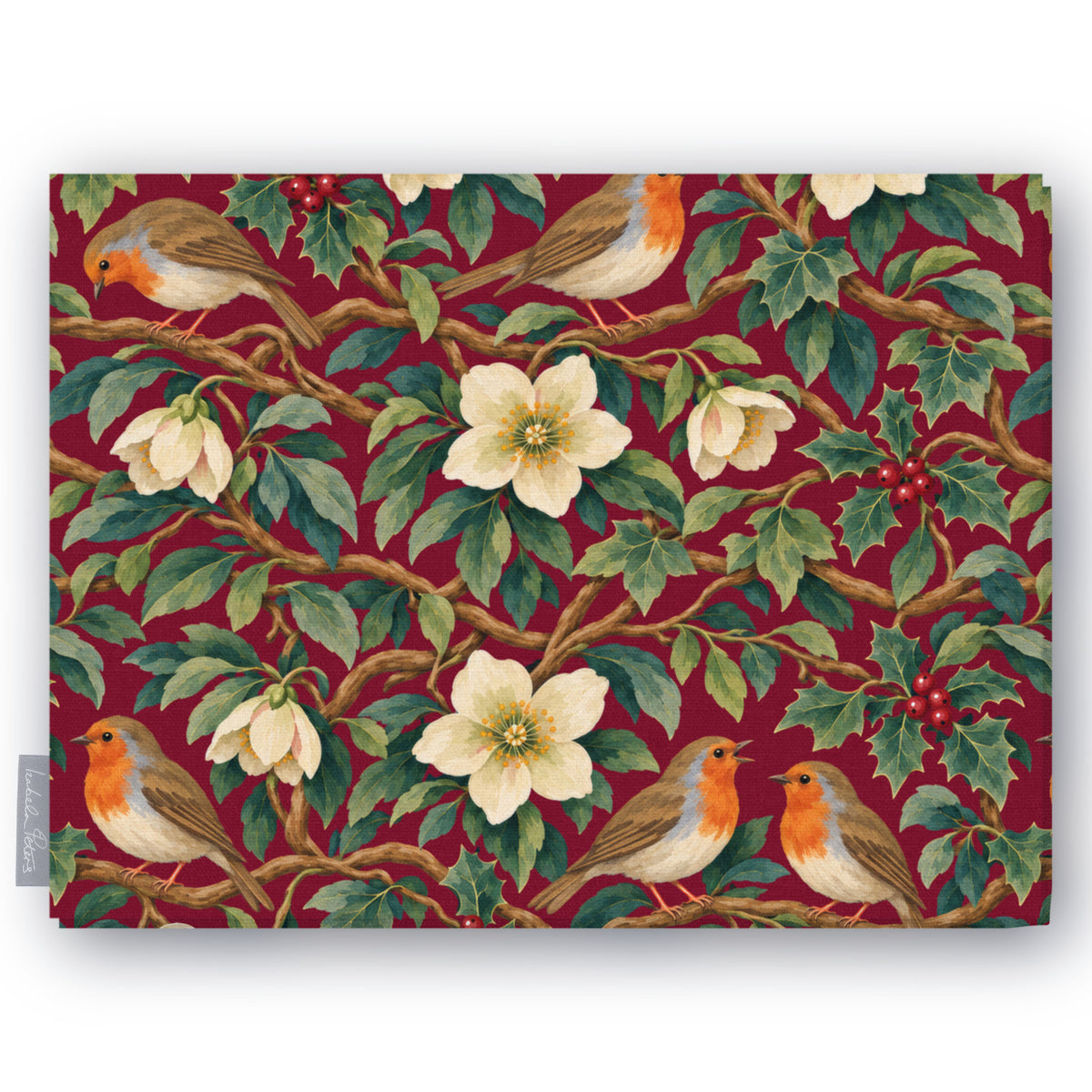 Burgundy Robins and Christmas Roses Christmas tablecloth folded on white, showing robins, Christmas roses and holly