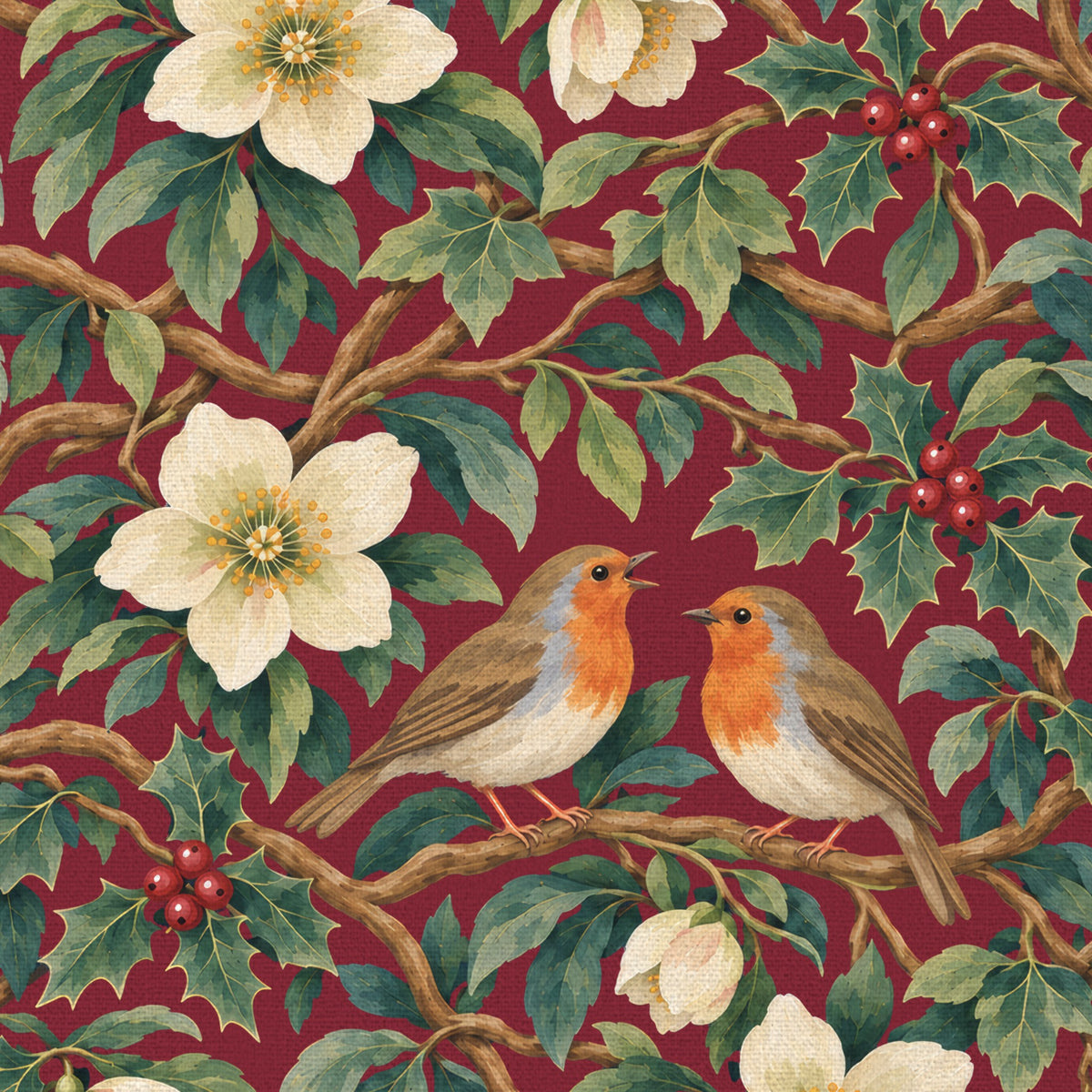 Close-up of the burgundy Robins and Christmas Roses tablecloth print on cotton, showing robins, Christmas roses and holly