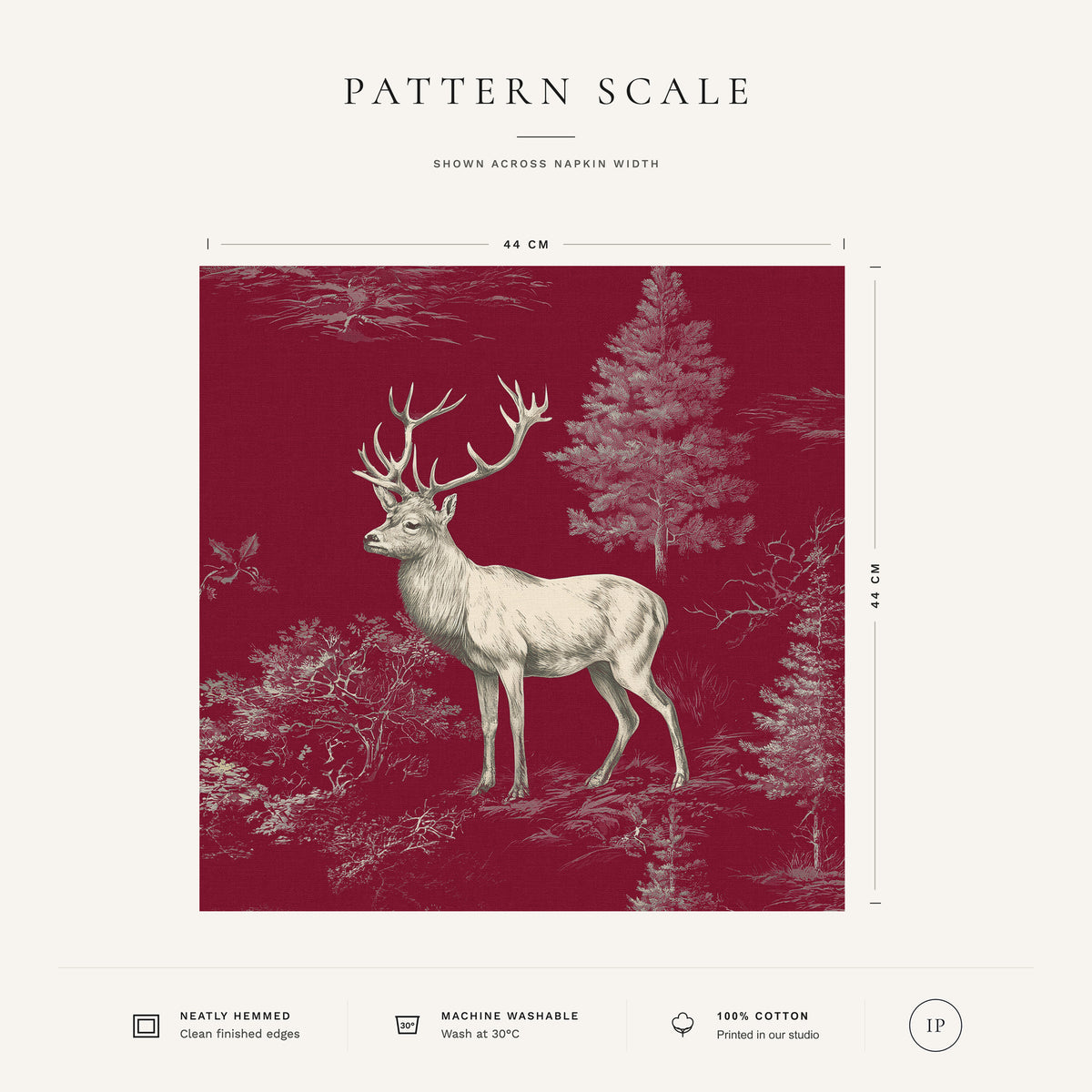 Burgundy Stag Woodland Christmas napkin pattern scale, showing the full 44 cm by 44 cm design.