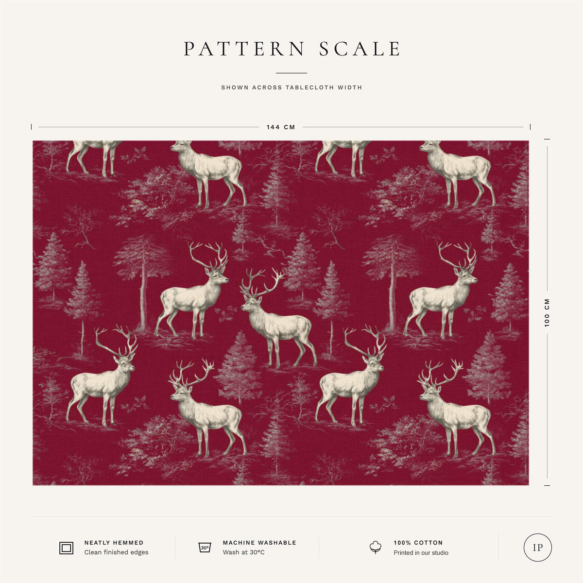 Pattern scale of the burgundy Stag Woodland Christmas tablecloth across its 144 cm width, with fabric and care notes