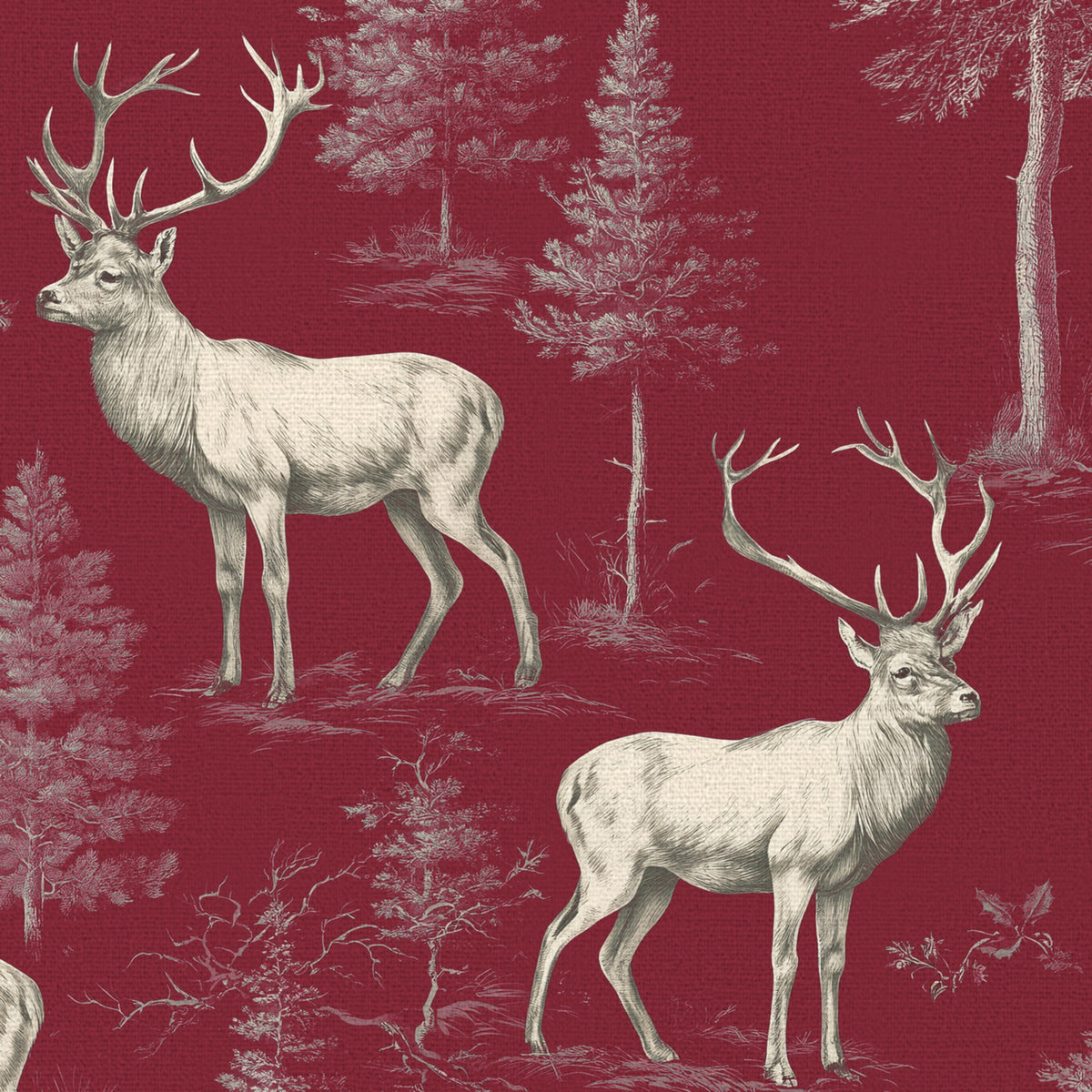 Close-up of the burgundy Stag Woodland Christmas tablecloth print on cotton, showing stags among woodland trees