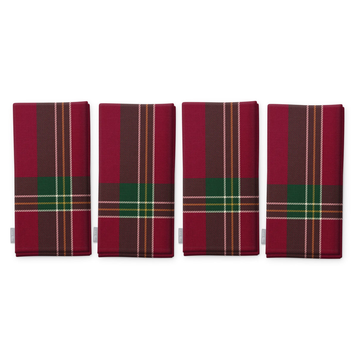 Burgundy Tartan Christmas napkins, set of four, folded on white, showing the same tartan check