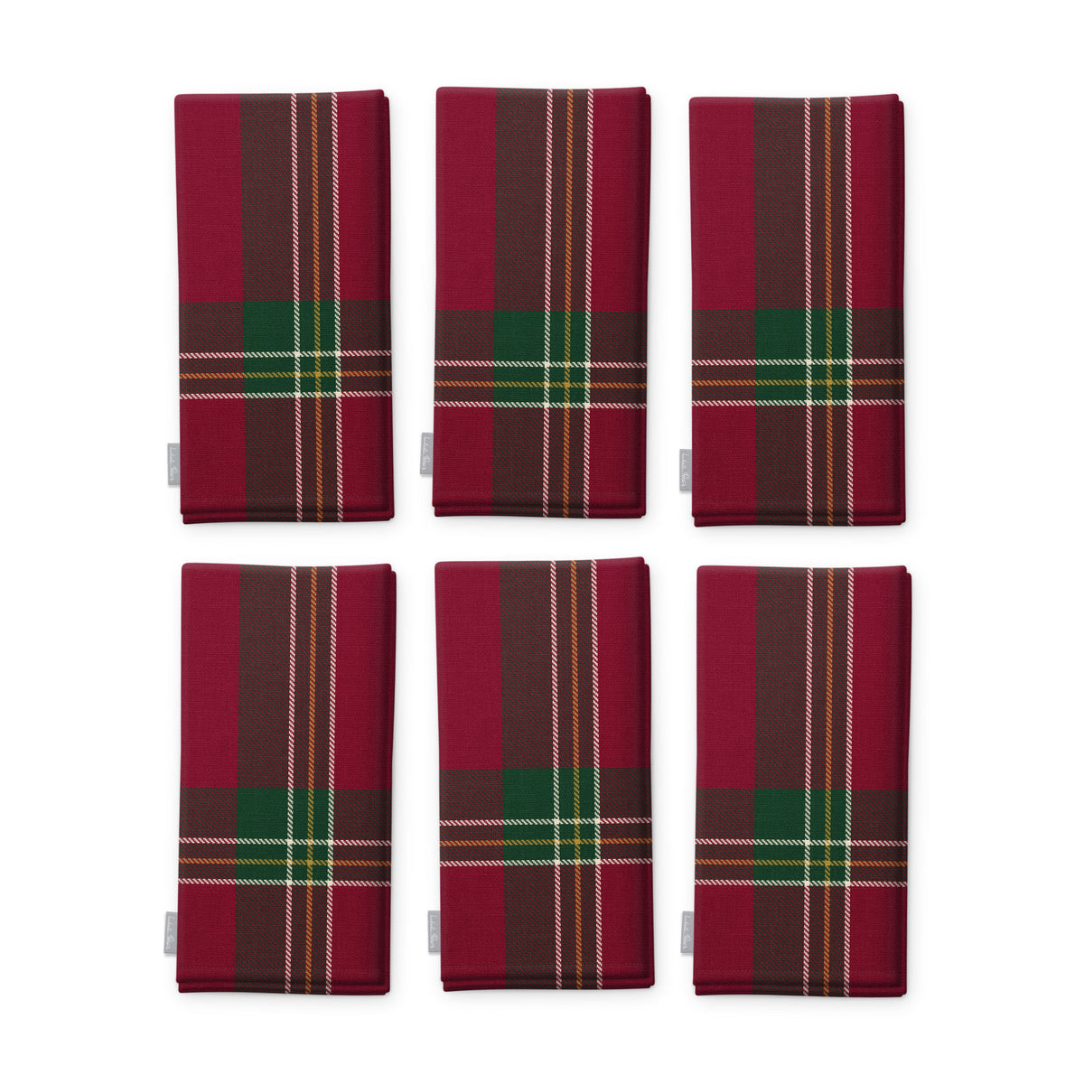 Burgundy Tartan Christmas napkins, set of six, folded on white, showing the same tartan check