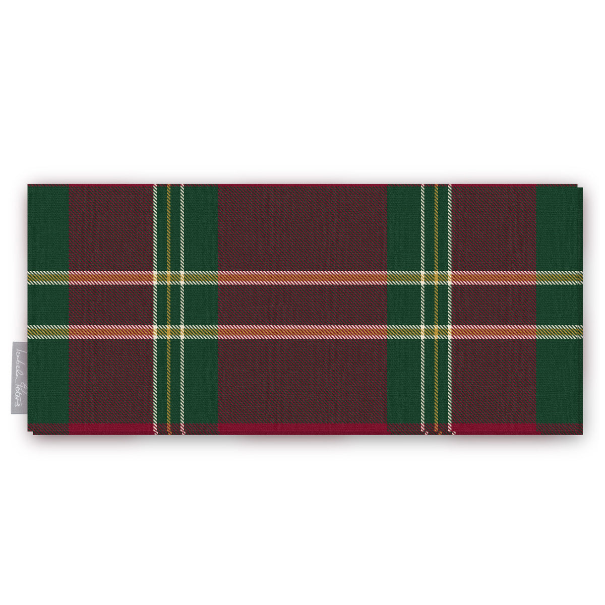 Burgundy Tartan Christmas table runner folded on white, showing the tartan check