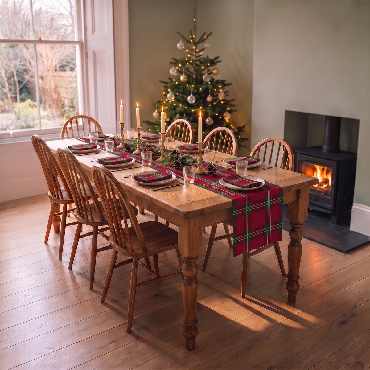 Burgundy tartan Christmas table runner with matching napkins on a wooden dining table beside a Christmas tree