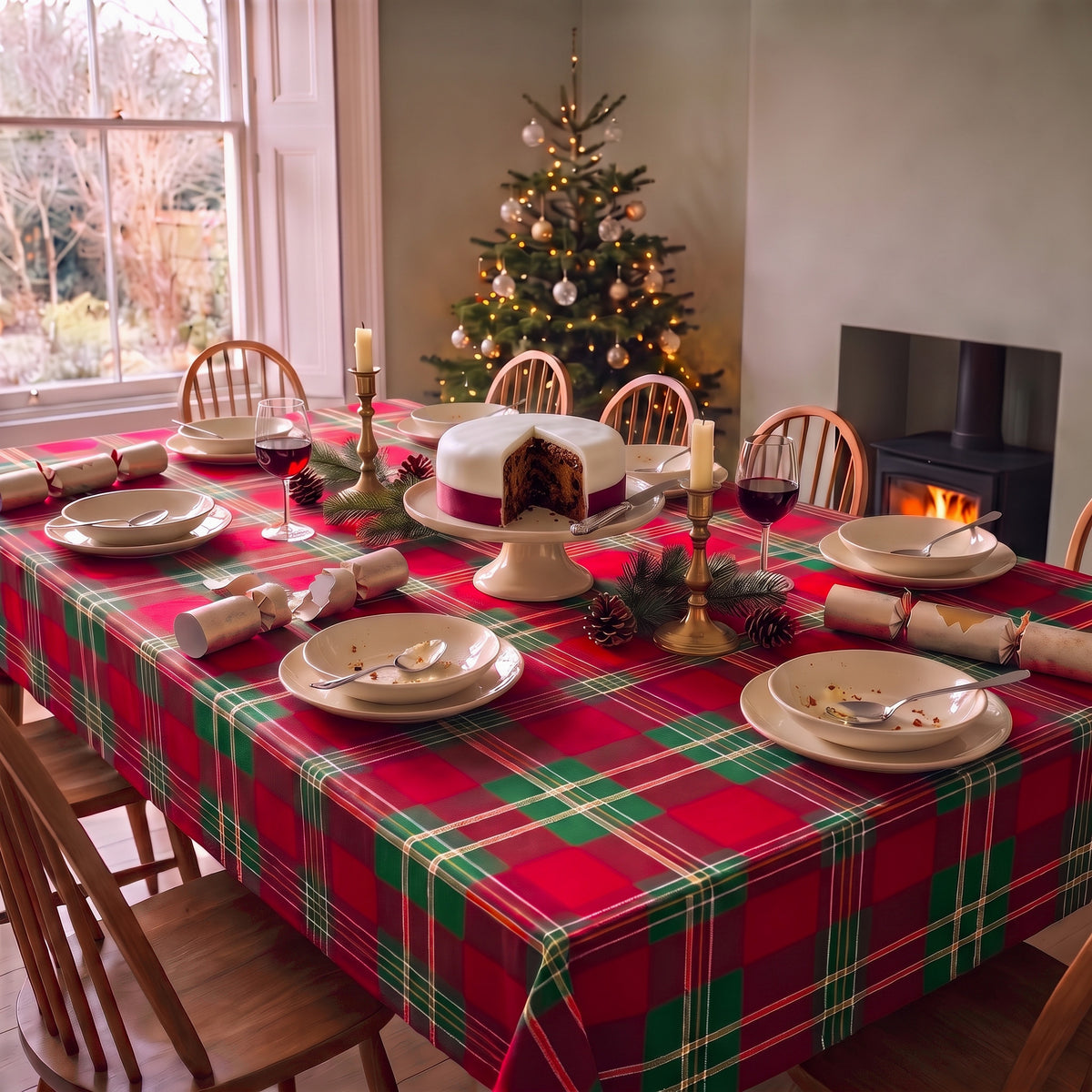 Burgundy tartan Christmas tablecloth after Christmas lunch, with a cut Christmas cake, pulled crackers and empty dessert bowls