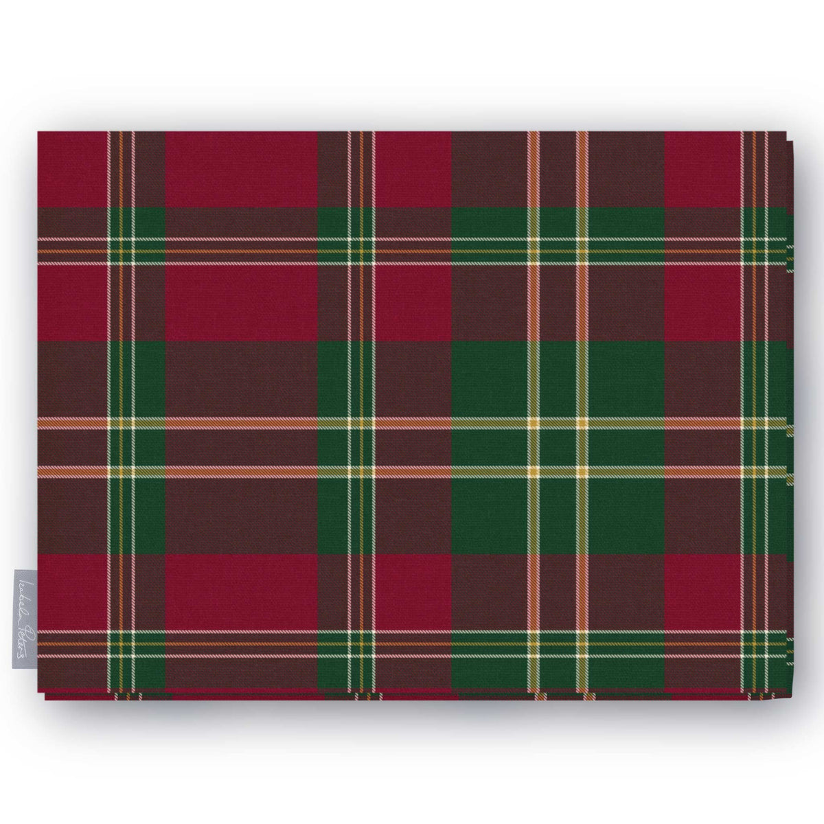 Burgundy tartan Christmas tablecloth folded on a white background, burgundy and deep green with fine ivory and gold lines